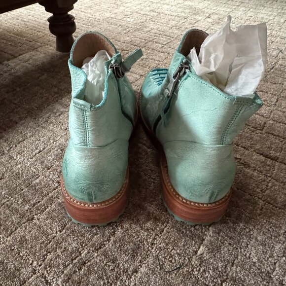 John Fluevog Babette - Women's Turquoise Ankle Boot with Faux Laces - Picture 5 of 6